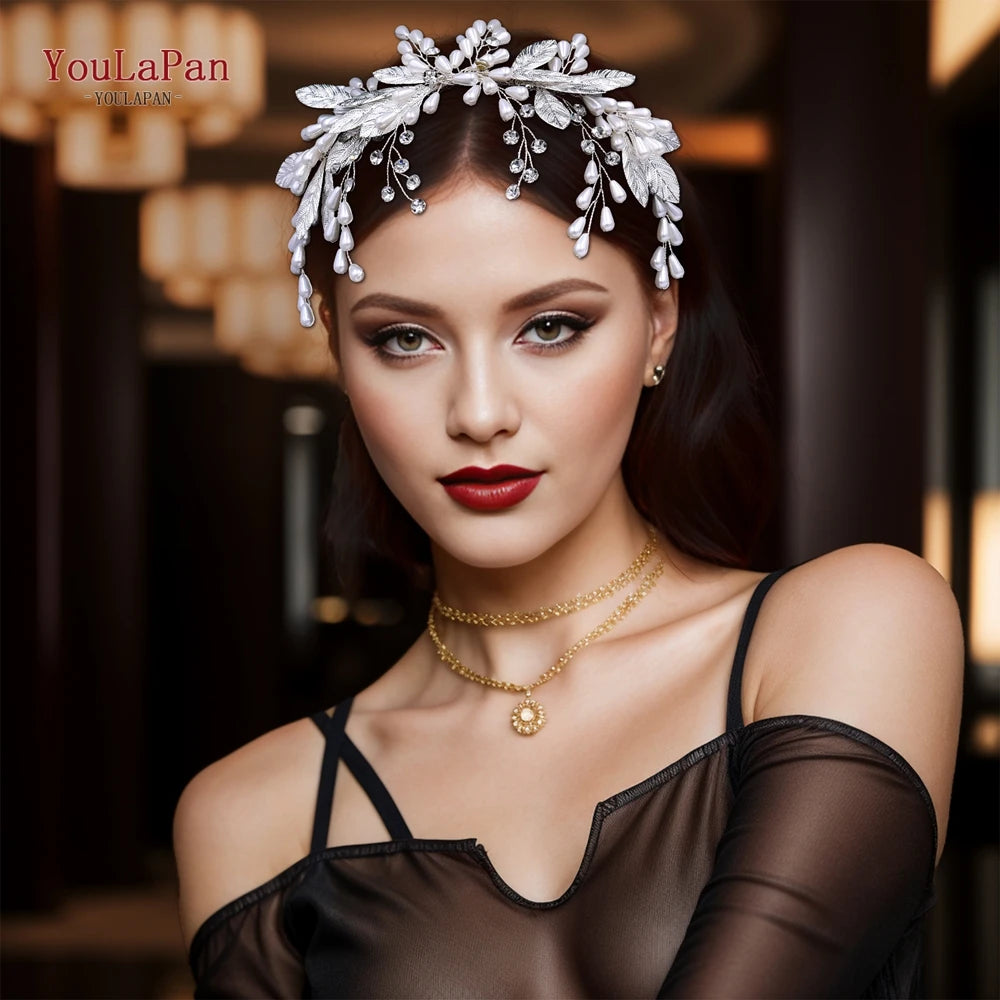YouLaPan Wedding Headpiece Faux Pearl Headband Bridal Hair Accessories Rhinestone Headdress Alloy Leaf Hair Decoration HP680