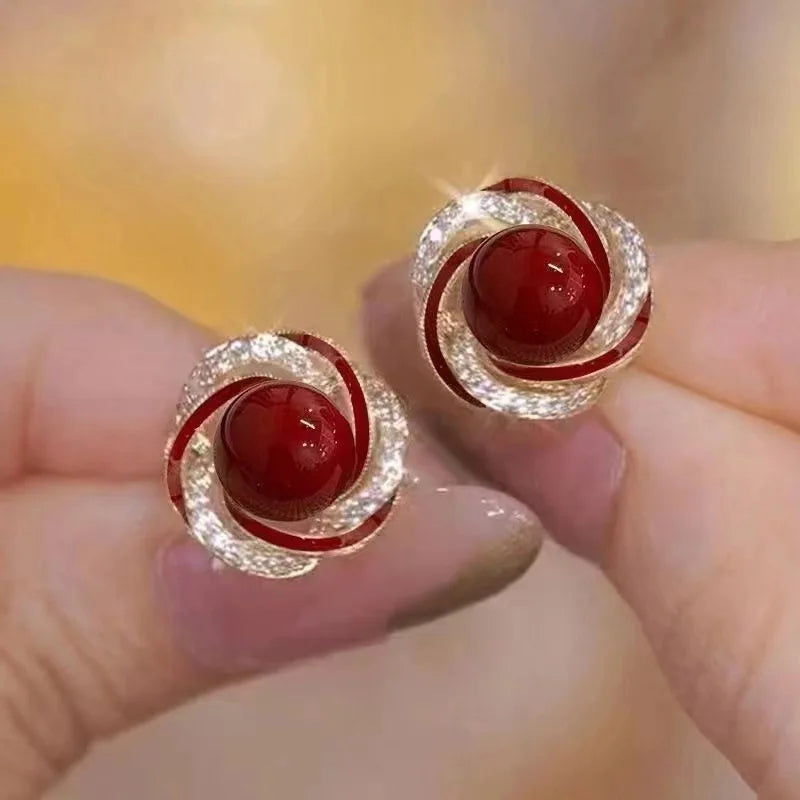 925 Silver Needle Korean Fashion Crystal Pearl Earrings For Women Jewelry 2024 Trending New Red Green White Flower Stud Earrings