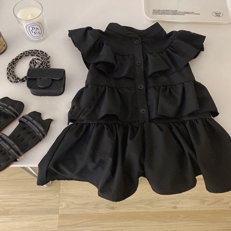 Korean Children's Clothing Girls' Summer Dress Kids Black Fly Sleeved Dress Girls Fashion Kids Outfit Layered Dresses For Girls