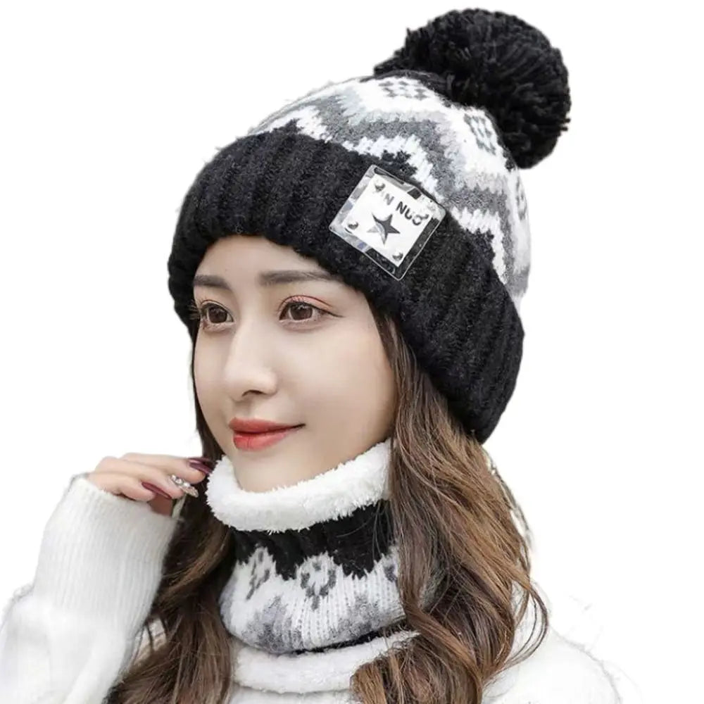 Cycling Plus Velvet Beanies Hat Ear Protection Windproof Hat Scarf Set Thick Warm Knit Skull Cap Women