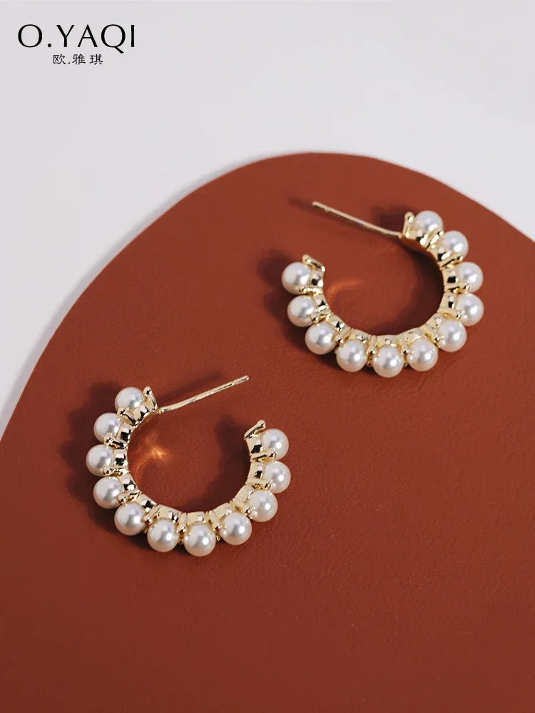 L11 yj Elegant Pearl C- Shaped Ear Clip Gentle High-Grade Silver Needle Ear Studs without Pierced Female Circle Earrings