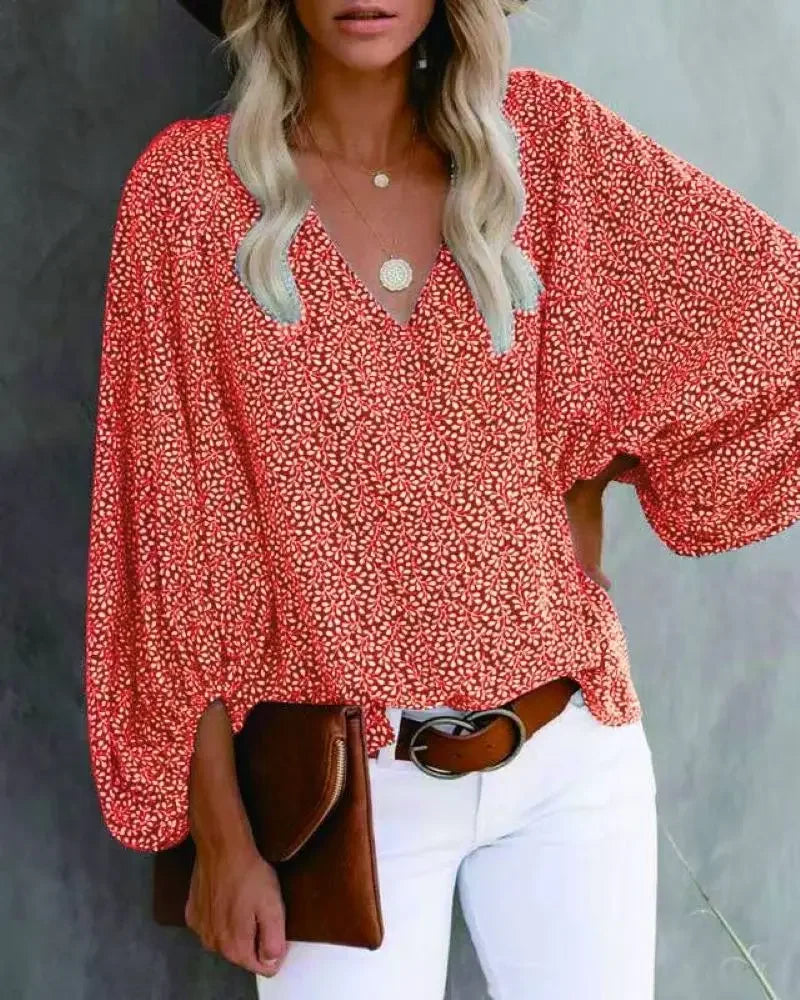 2025 Women's clothes New Arrival Hot Selling Spring And Summer V-neck Casual Printed Lantern Sleeve Shirt Ladies Clothes Fashion Shirts