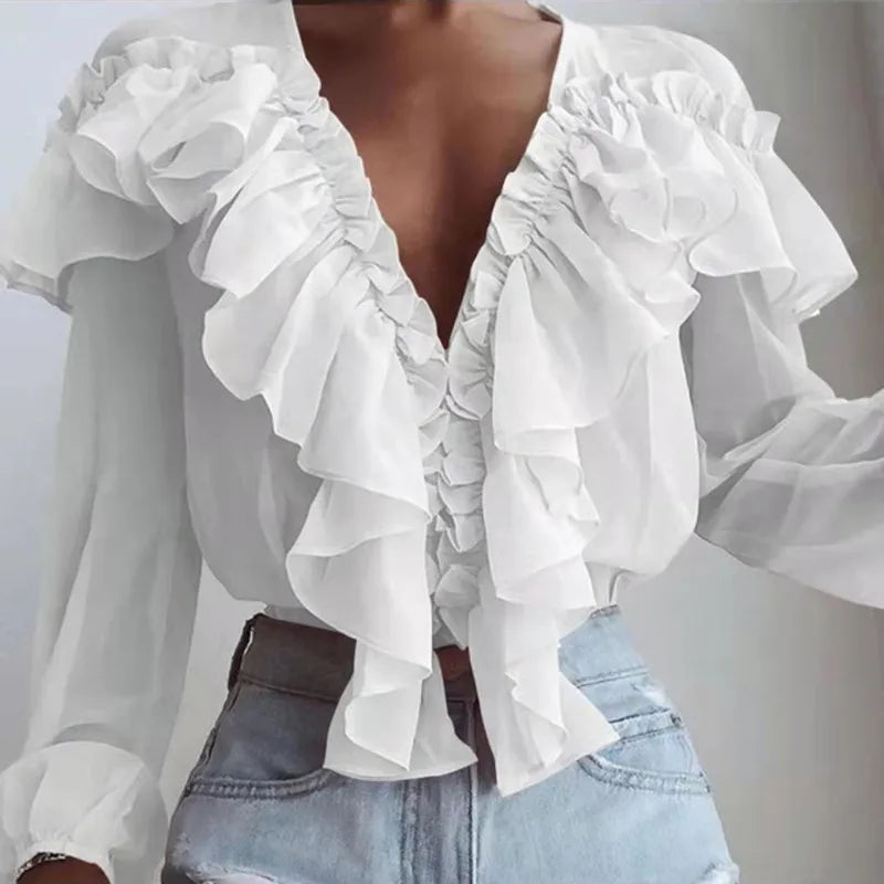 2024 Spring Autumn Elegant Ruffles Women Shirts Top Casual V Neck Long Sleeve Loose Female Solid Chiffon Blouses For Women Blusa clothes