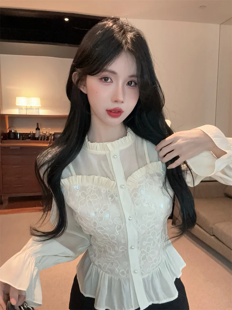 Gagaok French Style Women Tops Temperament Fungus Splicing Fashion Shirts 2025 Spring New Slimming Blouse Casual Clothes
