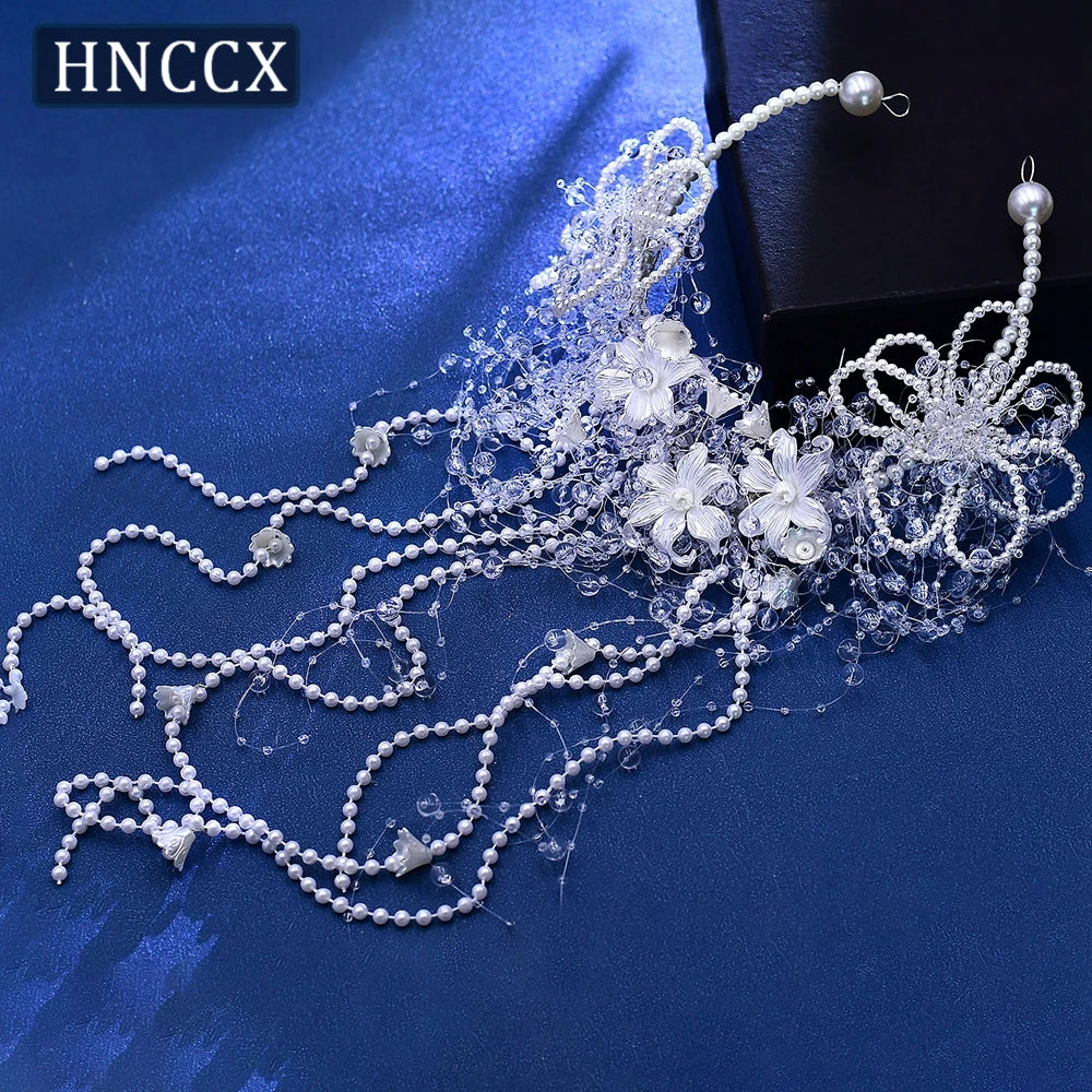 HNCCX Trendy White Color Pearl Flower Headband Bridal Tiara For Women Bride Pearl Tassel Luxury Wedding Hair Accessories CP741 