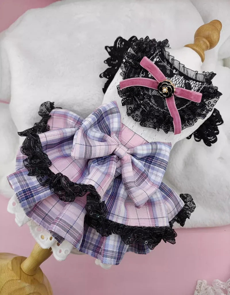 Handmade Dog Clothes Pet Supplies Princess Uniform Style Dress Pink Blue Plaid Daily Walking Apparel Poodle Maltese Chihuahua