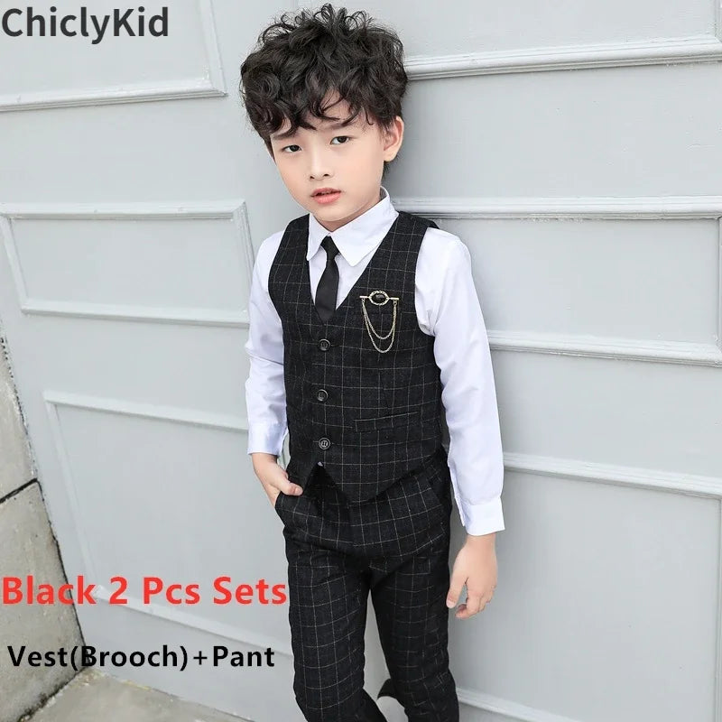 Boy Plaid Vest Blazer Kids Waistcoat Wedding Clothes Set Toddler Formal Dress Suit Child Brooch Shirt Pant Baby Gentlemen Outfit