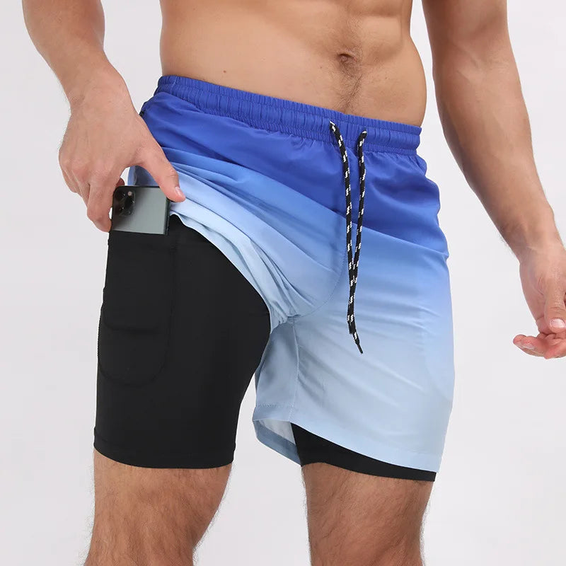 Summer Shorts Men Double Layer Beach Wear Surf Swimming Sportswear Fitness Loose Shorts Casual Trouser New Swimwear