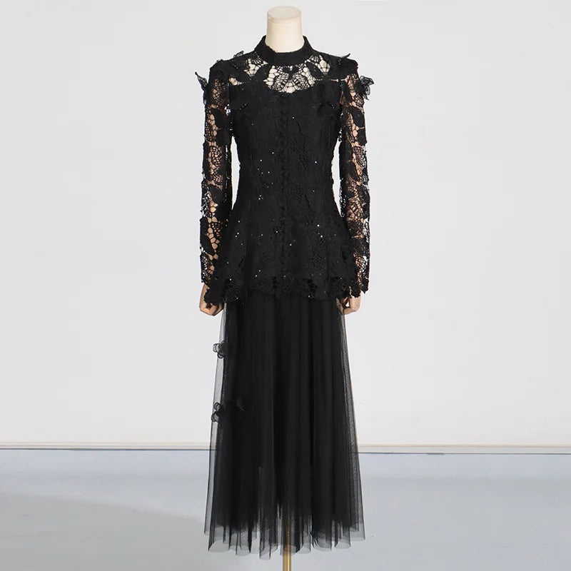 QMQA Fashion Women's Elegant 2 Piece Set Embroidery Long Sleeve Top High Waist Mesh Skirt Sets 2025 Spring Female New QM78