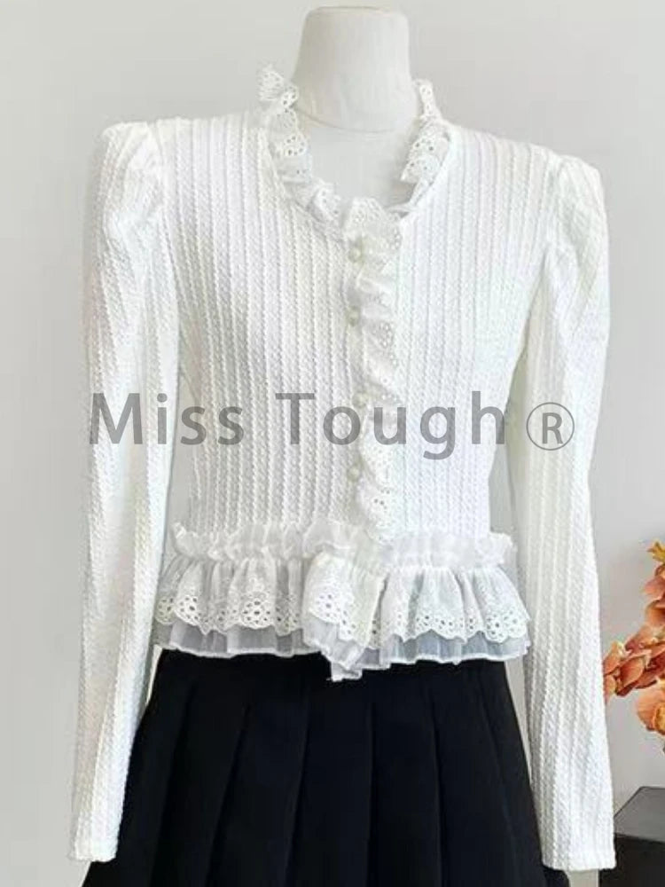 New Sweet clothes Gentle Lace V-neck Shirt Female New Japanese Fashion Slim Elegant Shirt Spring 2025 Harajuku Long Sleeve Solid Clothes