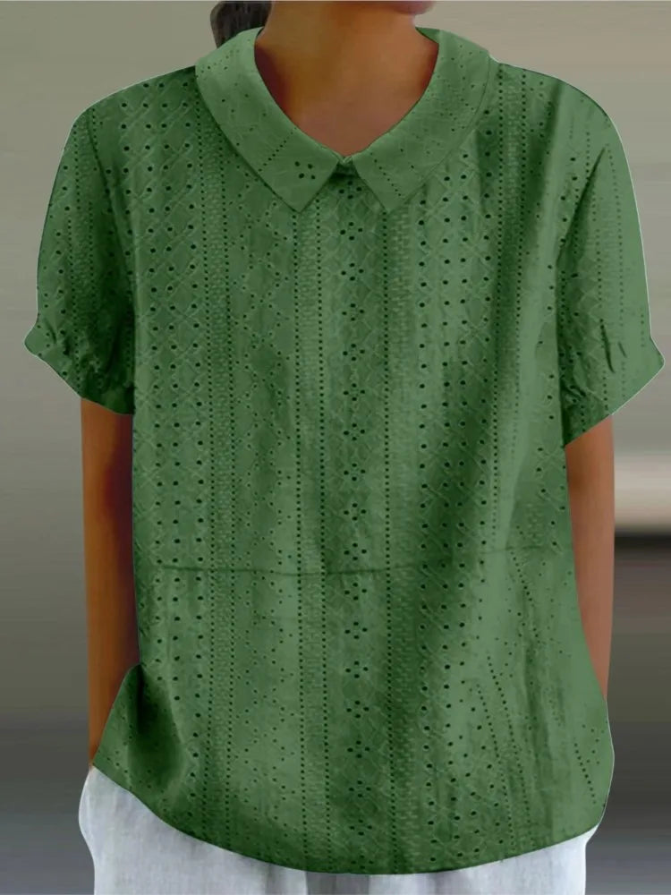 Elegant Hollow Turn-Down Collar Blouse Shirt Top Button Short Sleeve Women Blouse Casual Summer Fashion Female Tops