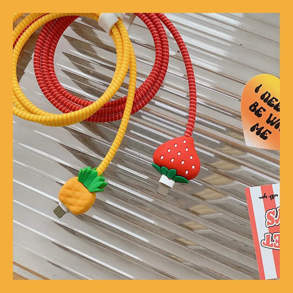 4pcs Strawberry Pineapple 3D Charger Protective Case For iPhone 18W 20W Fast Charge Protection Cover Cable Winder Accessories