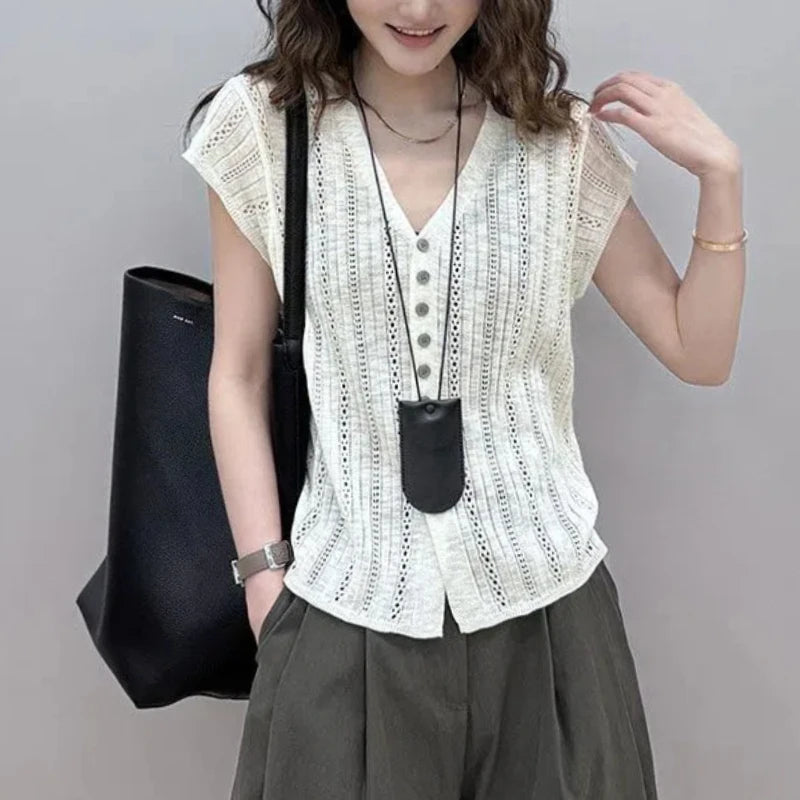 Summer Women Clothing Cardigans T-Shirts Solid V-Neck Hollow Out Fashion Versatile Loose Short Sleeve Linen Knitted Casual Tops clothes