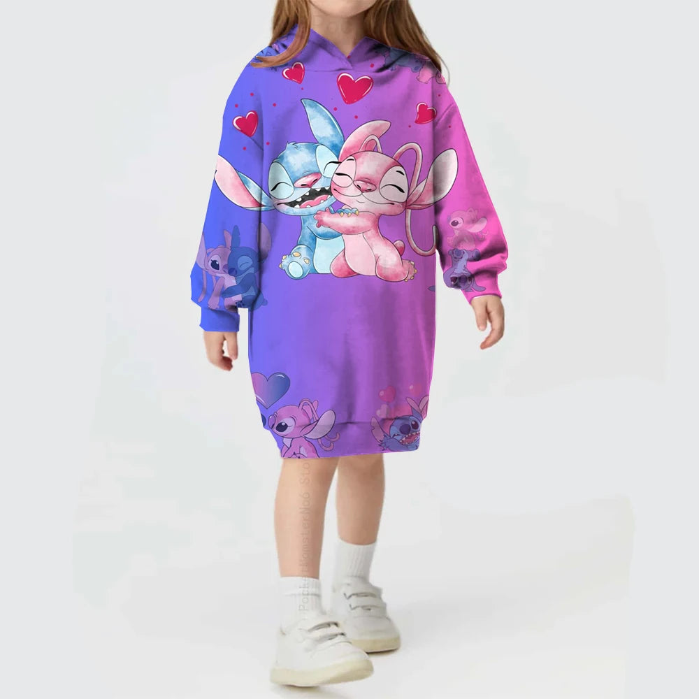 2024 Autumn and Winter Sweater Dress Christmas Disney Stitch Print Hoodie Dress Baby Girl Cute Fashion Hoodie Dress