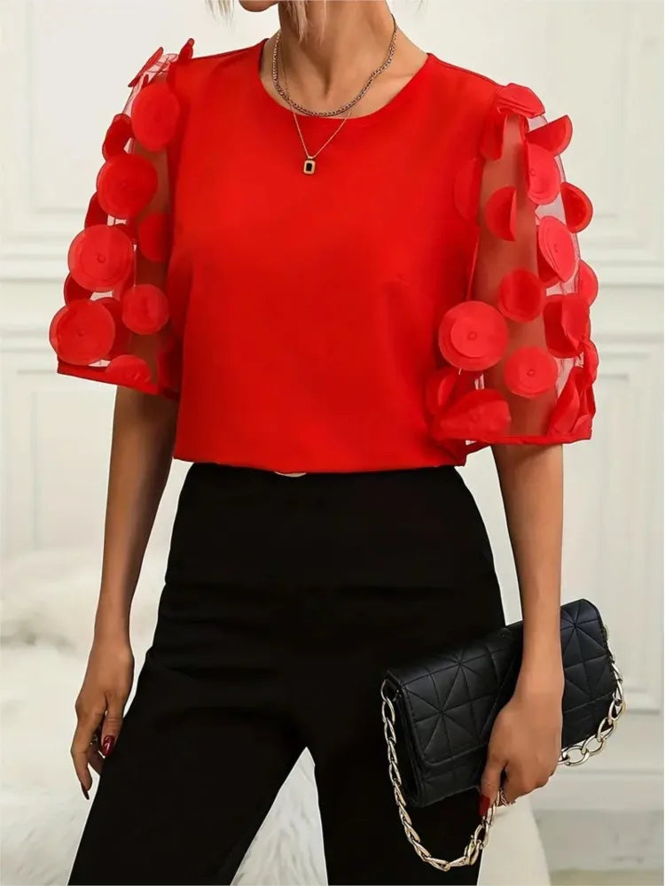 Fashion Lace Splicing Hollow Short Sleeve Women's Blouse Summer Elegant Office Lady Shirt Solid Color Casual O Neck Blouses Tops