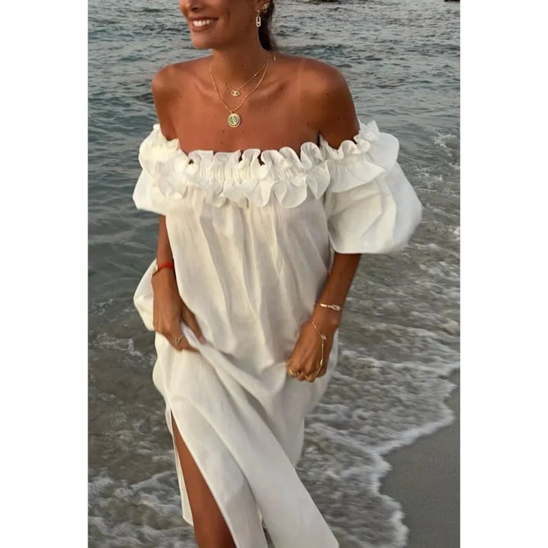 2025 Summer Cotton Linen Women Dress Long White Off The Shoulder Side Split Dresses Female Elegant Casual Trendy Ladies Clothes