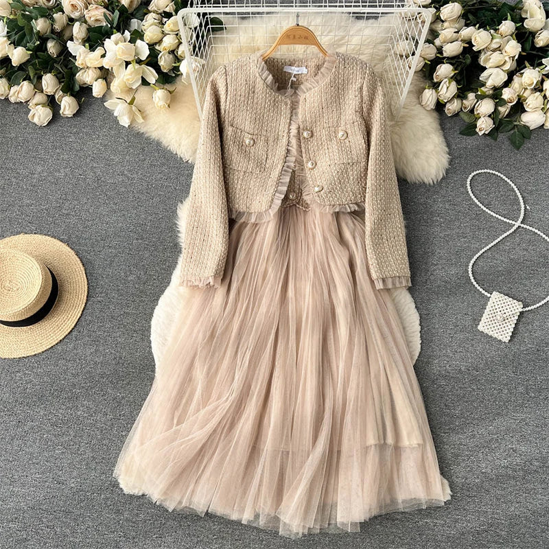 Damen Khaki Zweiteiler Vintage Luxus Kleid mit Langarm Jacke Mäntel Vintage Y2k Kleid Sets Outfits 2000er Kleidung 2024