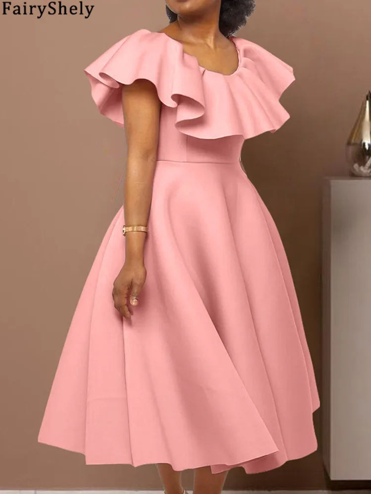 FairyShely 2025 Ruffle Short Sleeve Plus Size Dress Women Solid Large Big Ball Gown Dresses Lady Summer Party Tight Curvy Dress
