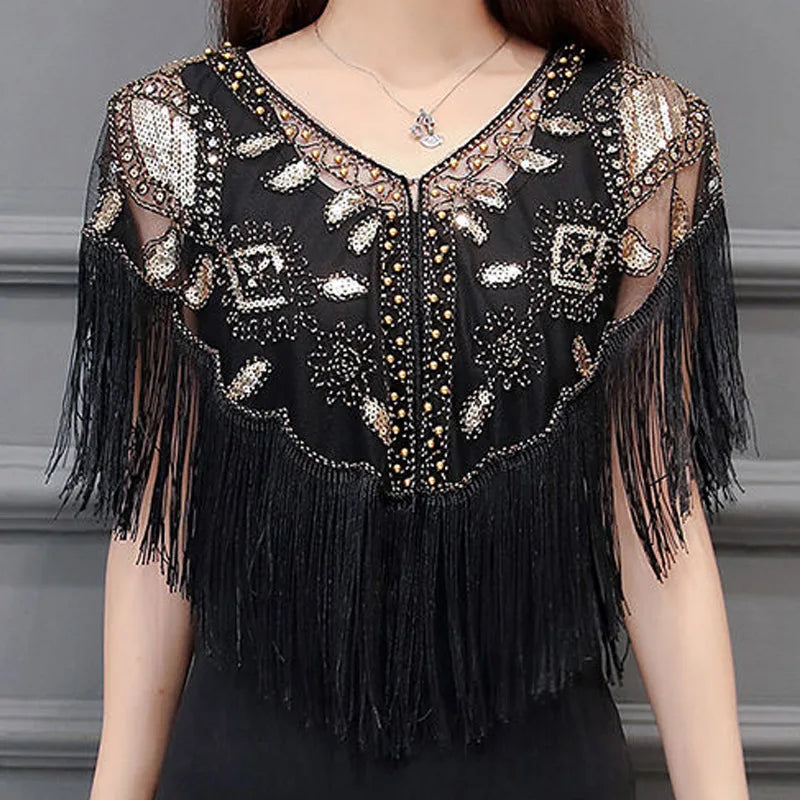 Bling Tassels Blouse Shirt Women Summer Sequin Casual Tops Evening Shawl Wraps Mujer Poncho Shirt Party Club Clothing