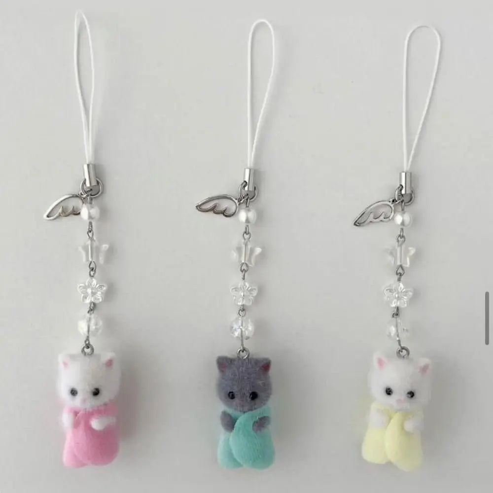 Kawaii Flocking Cat Pendant Phone Lanyard Cute Mobile Phone Charm Backpack Headphone Case Decoration for Girls Jewelry Gifts