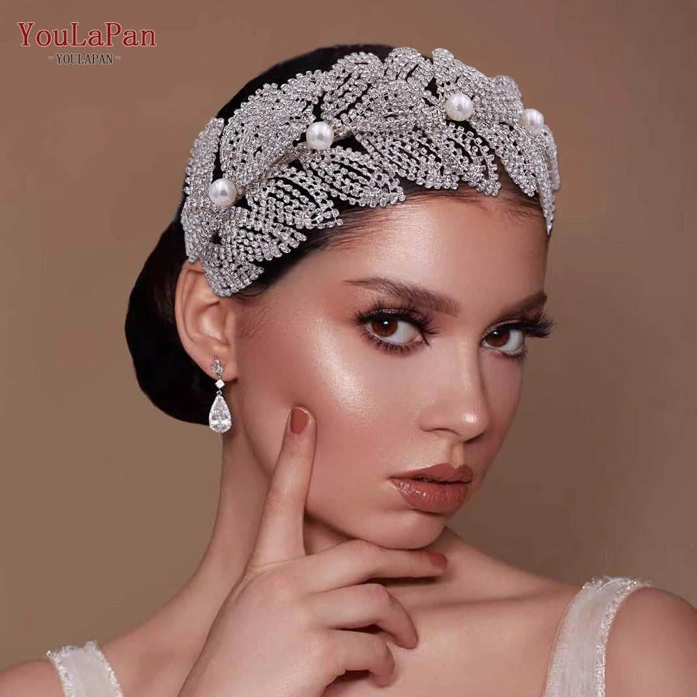 TOPQUEEN Wedding Headband Leaf Bridal Headpiece Woman Hair Accessories Jewelry Handmade Bride Headdress Pageant Tiara HP411