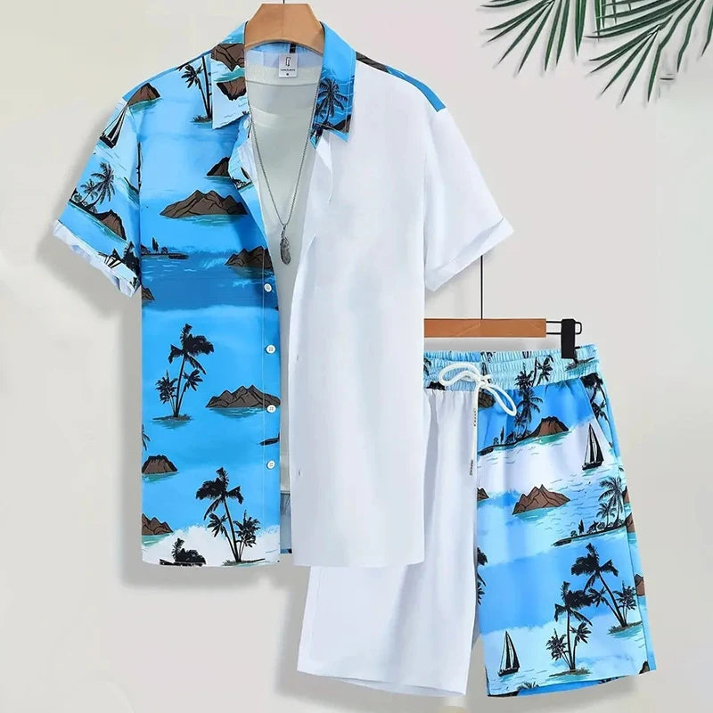 Stylish Lapel Button-Down Shirt Shorts Set Summer Men's Short-Sleeved Shirt Drawstring Shorts 2-Piece 3D Leaf Print Travel Suit mon