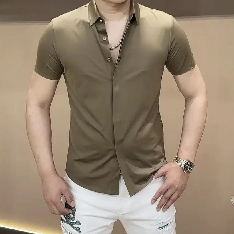 Summer Fashion Handsome Trendy Men's Polo Collar Solid Color Short Sleeved Shirt - mon