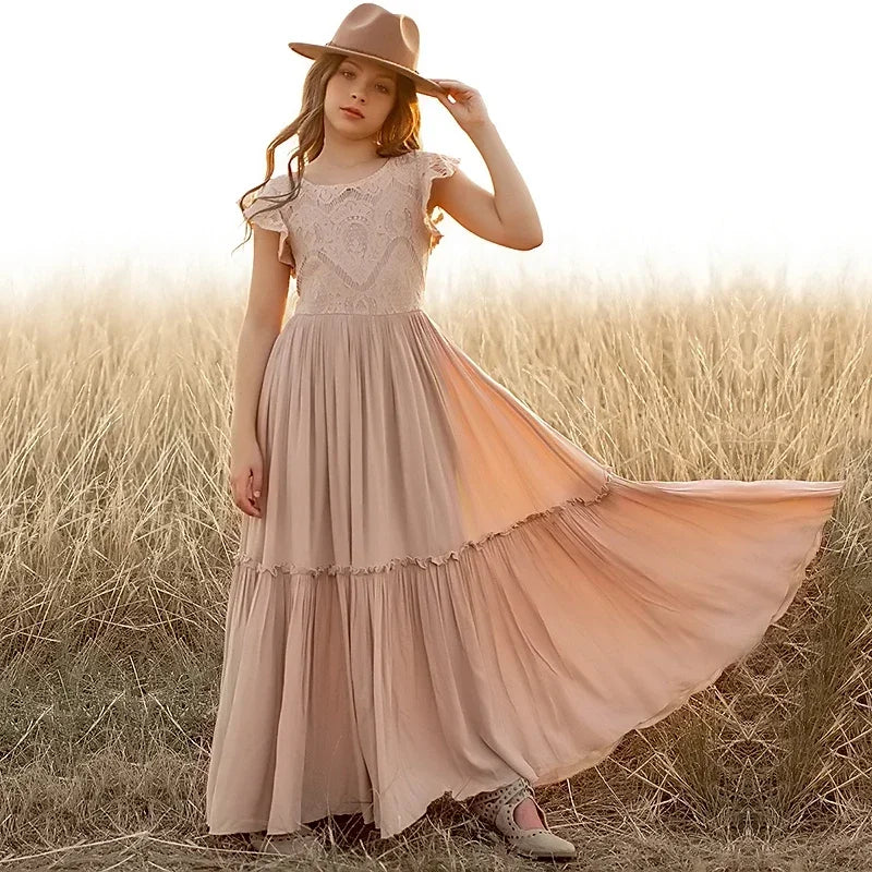 Summer Girls Lace Bohemia Long Dress Kids Flower 3-8 Years