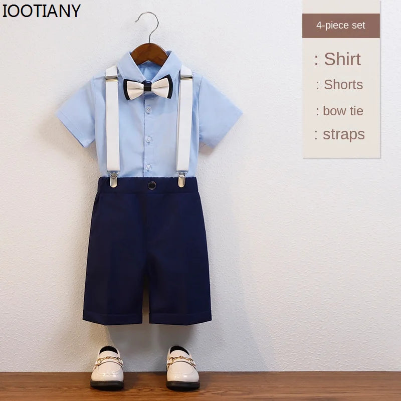 Kids Formal Strap Shirt Shorts Bowtie Clothing Set Boys Summer Wedding Birthday Dress Children Piano Performance Dance Costume !!!