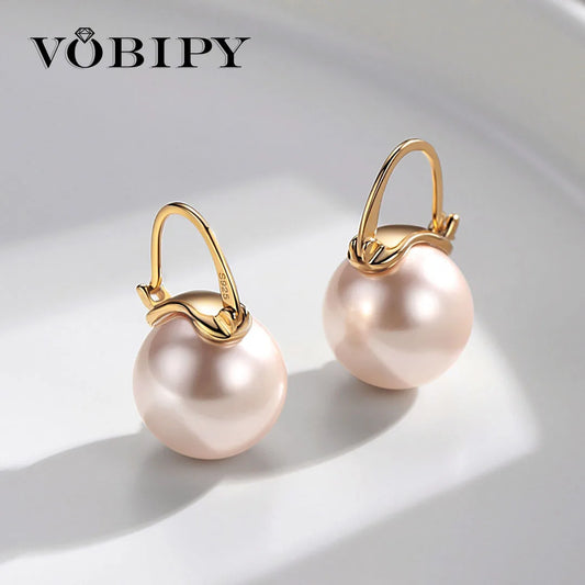 VOBIPY 925 Sterling Silver Earring Pink Color Pearl Earring For Women Wedding Party Gift Fashion Jewelry 12-14mm Shell Pearl