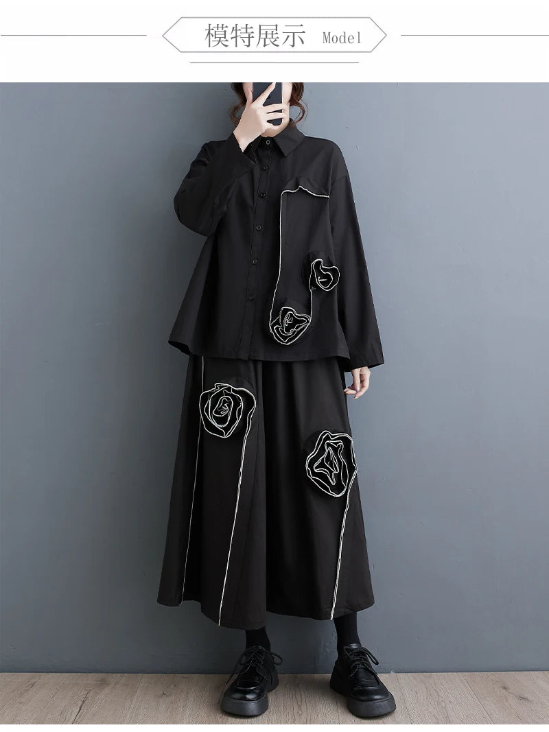 Oversized Spring 2 Two Piece Sets Women Flower Modis Ladies Shirts Tops Ruffle Pleated Korean Loose High Waist Woman Midi Skirts