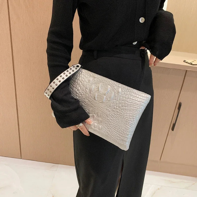 Rivet Clutches for Women 2021 Purses and Handbags Luxury Designer  Crocodile Pattern Pochette Femme Silver Bag Bolsos De Fiesta