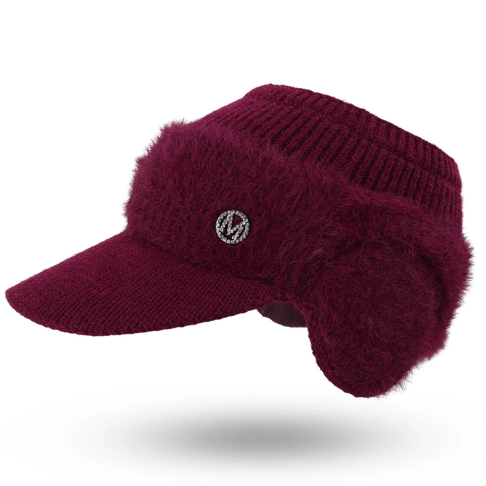 Autumn Winter Hollow Top Knitted Woolen Bomber Hat Ear Protection Thickened Warm Women's Fashion Baseball Hat Knitted Woolen Cap