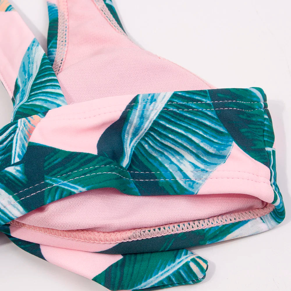 Leaf Print Bandage Girls Kids Swimwear Swimsuit 7-14 Years Falbala Children Bikini Set Wholesale Brand Baby Biquini Infantil 278