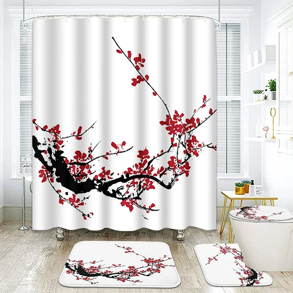 Japanese Cherry Blossom Shower Curtain Set Non-Slip Rug Toilet Lid Cover Bath Mat Spring Sakura Flower Pastoral Bathroom Curtain