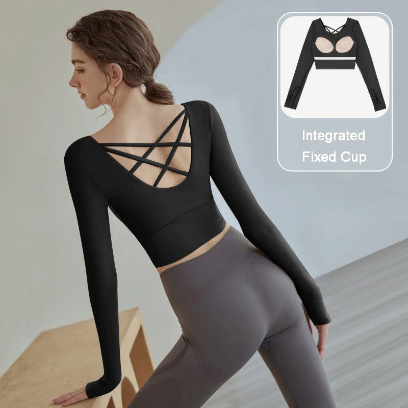 Women Long Sleeve Sport Shirt Beautiful Cross Back Yoga Wear Running Crop Top Sportswear With Bra Pad Fitness Gym Top Yoga Shirt