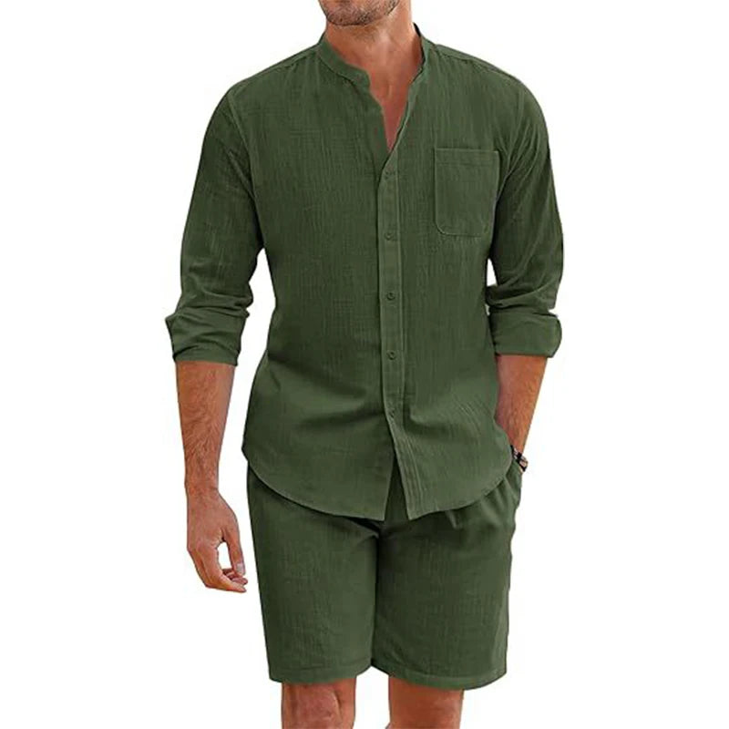 Daily Casual Breathable Cotton Linen Outfits Mens Vintage Stand Collar Button-up Shirts And Shorts Sets For Men Clothing Summer mon