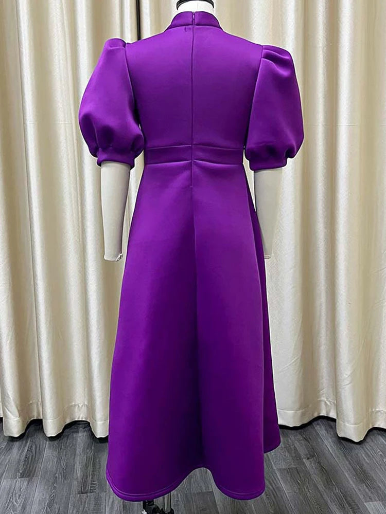 FairyShely 2025 Puff Short Sleeve Plus Size Dress Women Solid Bow Large Big Dresses Summer Lady O-Neck Party Tight Curvy Dress