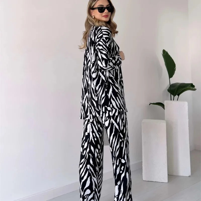 Women's Zebra Print 2-piece Set 2025 Spring Summer New Fashion Long Sleeve Shirt Top High Waist Wide Leg Pants Casual Outfits