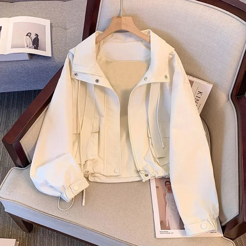 2025 New Spring Autumn Coat Women Cropped Hooded Jacket Casual Thin Loose Clothes Windbreakers Female Tops Outerwear Overcoat