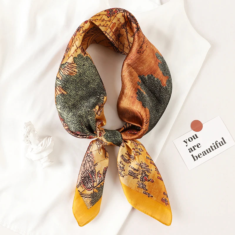 Luxury Brand 2023 Silk Square Scarf Women Cat Neck Hair Tie Band Beach Hijab Kerchief Head Headbands Bandana Female Foulard 70cm