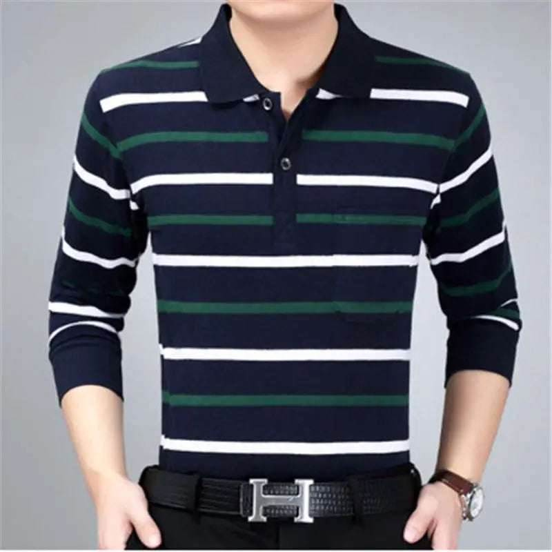 Spring Summer T Shirt for Men Cotton V-Neck Long Sleeve Pockets Comfortable Casual Striped Pullover Formal Clothes