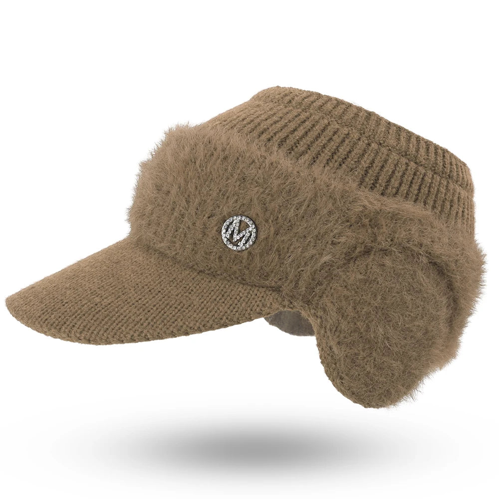 Autumn Winter Hollow Top Knitted Woolen Bomber Hat Ear Protection Thickened Warm Women's Fashion Baseball Hat Knitted Woolen Cap
