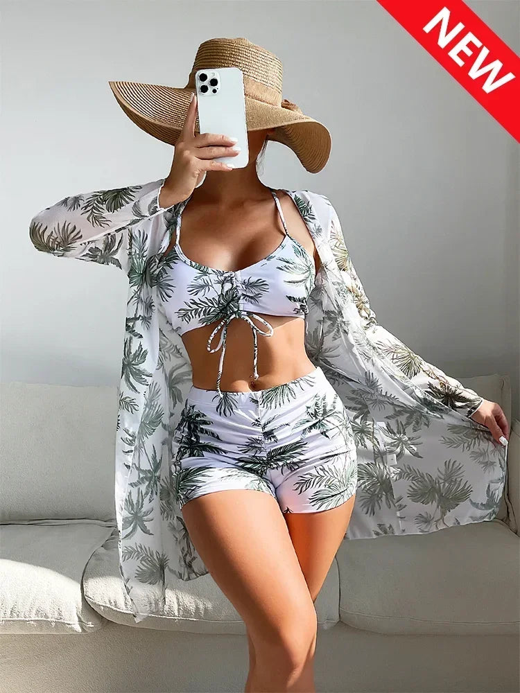 Tropical Allover Print Bikini 3pack Drawstring Ruched Cover Up Women Swimsuit 2023 Long Sleeve Swimwear Beach Wear Bathing Suit