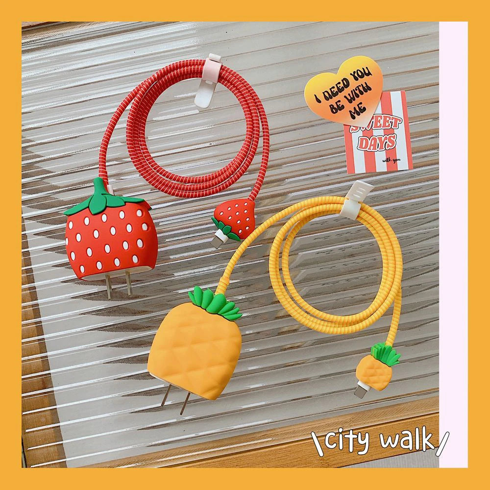 4pcs Strawberry Pineapple 3D Charger Protective Case For iPhone 18W 20W Fast Charge Protection Cover Cable Winder Accessories