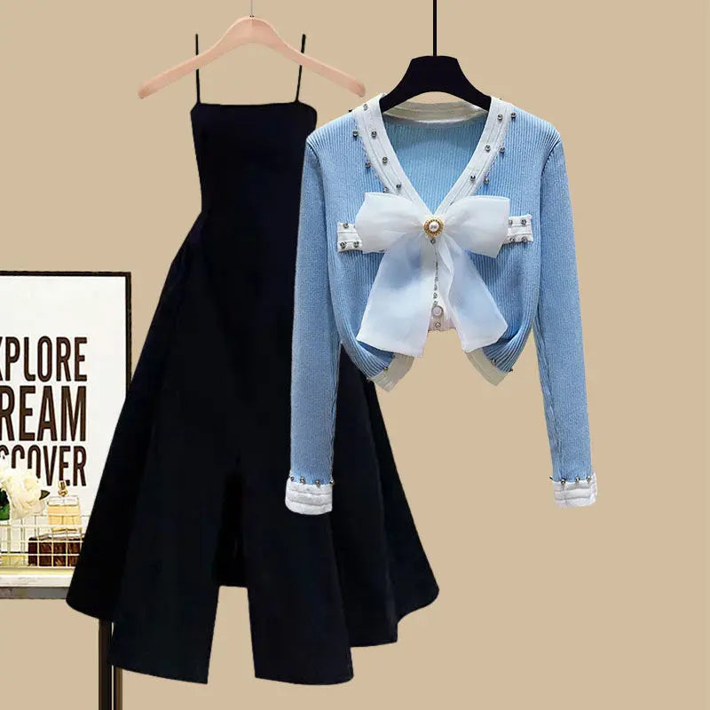Women's Spring Autumn Single/Outfits 2023 New Skin Covering Slim Fragrant Style Cardigan Waist Wrapped Dress Two Piece Set