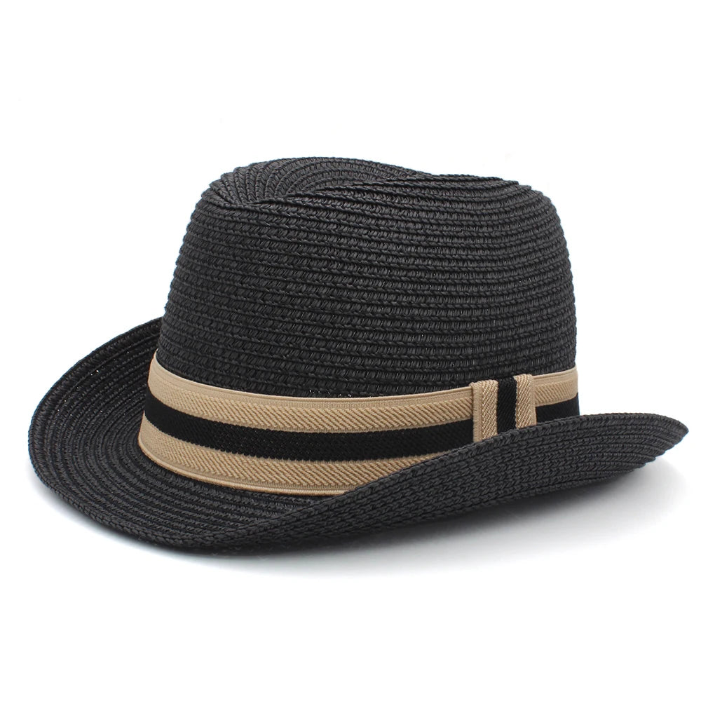 Men Women Summer Solid Straw Homburg Hats Classical Retro Fedora Caps Trilby Sunhat Party Beach Travel Outdoor Adjustable Size