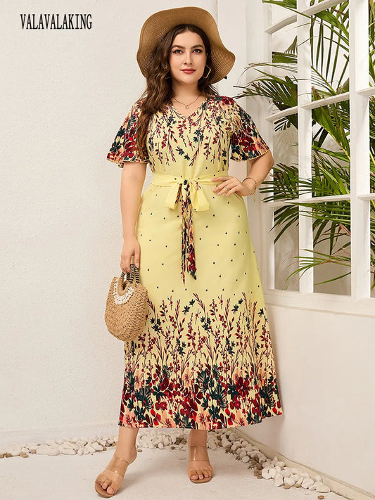 2025 Casual V-Neck Print Plus Size Dress Women Short Sleeve Lace-Up Large Midi Dress Lady Trendy Chubby Curvy Pleated Long Dress