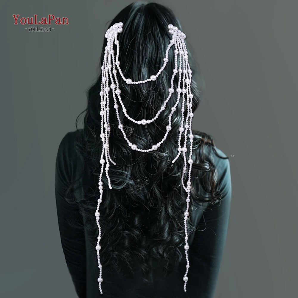 YouLaPan Elegant Fashion Wedding Tiara Long Pearl Tassel Bride Hair Comb Luxury Bridal Headband Women Hair Accessories HP752