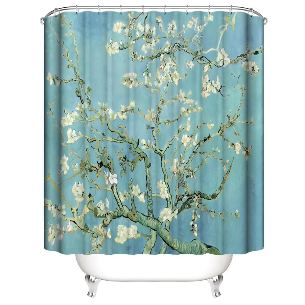 Japanese Cherry Blossom Shower Curtain Set Non-Slip Rug Toilet Lid Cover Bath Mat Spring Sakura Flower Pastoral Bathroom Curtain